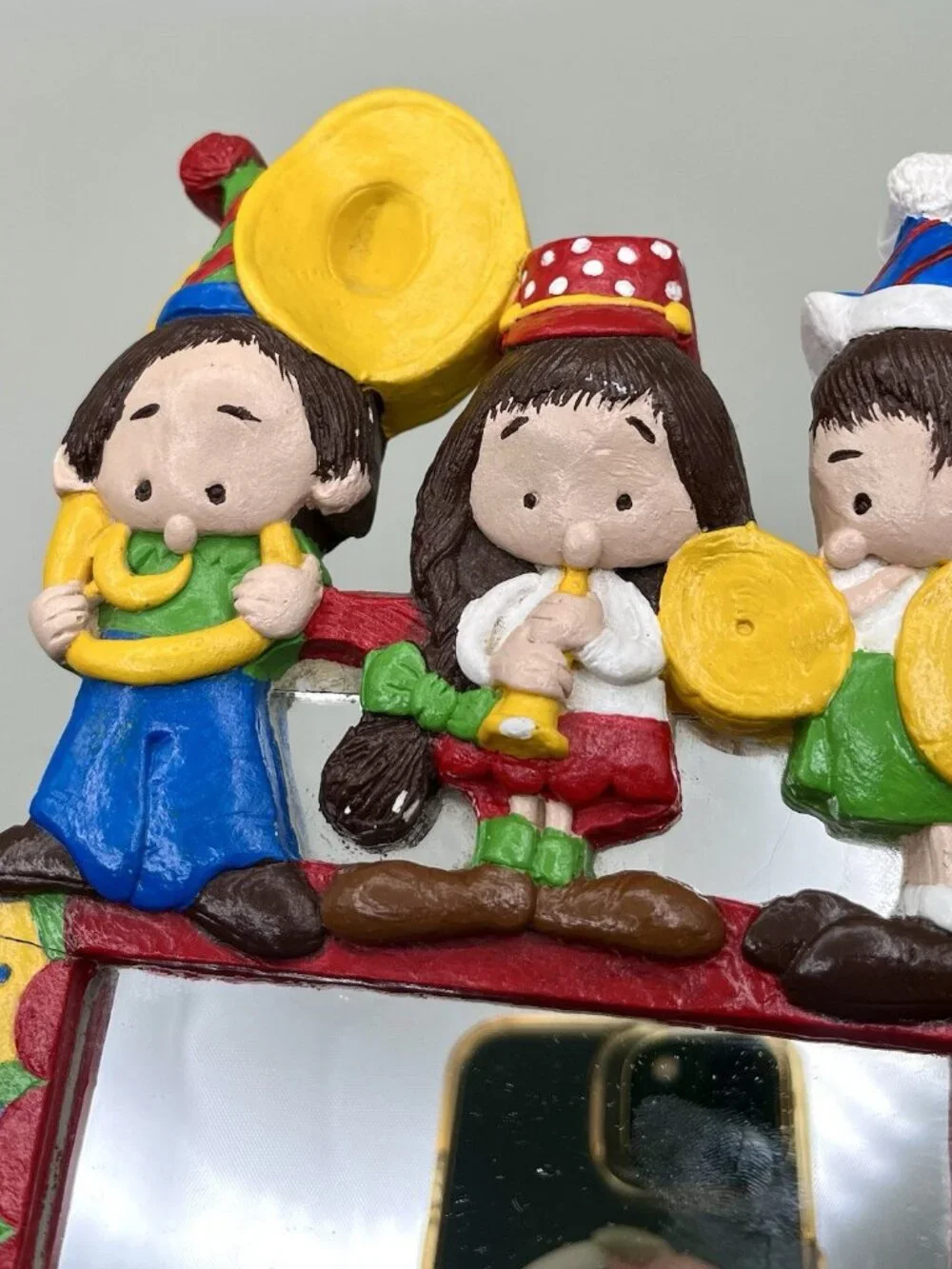 Vintage Chalkware Children’s Band Wall Mirror Folk Art Music Whimsical Kitsch